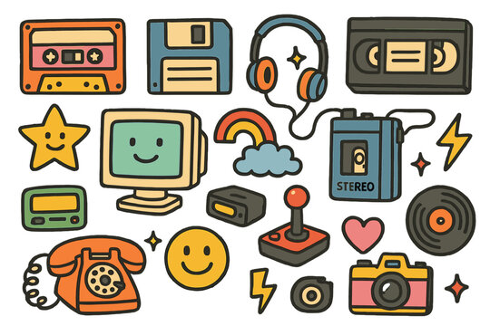 Retro Tech Doodles. Colorful Hand-drawn doodle Children illustration Retro Tech Treasures [cassette tape, floppy disk, VHS tape, CRT monitor,