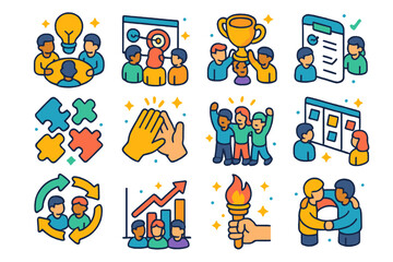Fototapeta premium Colorful Teamwork Icons. Colorful isometric vector icons set of teamwork motivation: group brainstorm, goal alignment chart, shared victory trophy,