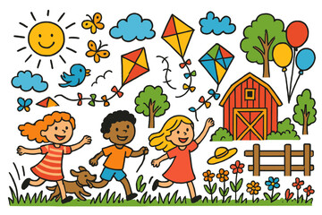 Kite Flying Fun. Colorful Hand-drawn doodle Children illustration Flying Kites on the Farm children running, kites, tall grass, sun, clouds, barn, trees, dog,