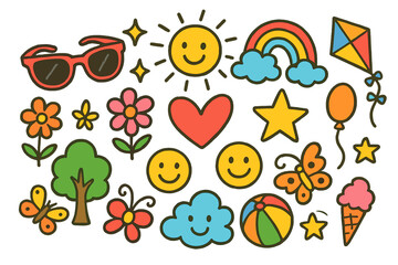 Sunny Kids' Doodle Wonderland. Colorful Hand-drawn doodle Children illustration Sunny Day Sunglasses sunglasses, sun, rainbow, sparkles, heart, star, flower,