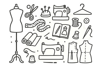 Fashion Design Tools. Hand-drawn doodle illustration Fashion designer mannequin, measuring tape, scissors, pins, sewing machine, fabric rolls, sketchbook,