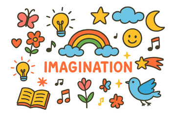 Imaginative Child's Doodle. Colorful Hand-drawn doodle Children illustration Imagination Clouds [clouds, light bulb, rainbow, star, moon, sun, spark, heart,