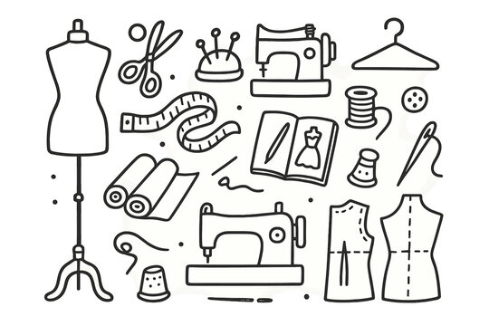 Fashion Design Tools. Hand-drawn doodle illustration Fashion designer mannequin, measuring tape, scissors, pins, sewing machine, fabric rolls, sketchbook,