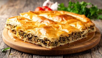 Baked layered pastry with filling on a wooden board