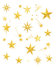 Golden stars of varying sizes and designs scattered on a black background.  Some stars have radiating lines, others are more simplistic.  Small, golden, pixelated bursts and streaks are interspersed