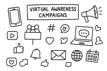 Digital Activism Doodles. Hand-drawn doodle illustration [Virtual awareness campaigns] [smartphone, laptop, social media icons, hashtag, megaphone, chat
