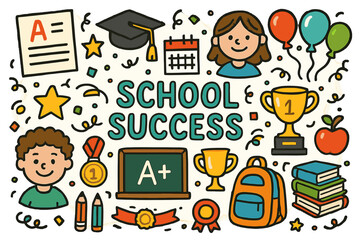 School Success Celebration. School Success. Colorful Hand-drawn doodle Children illustration School Success report card, gold star, chalkboard, graduation cap,