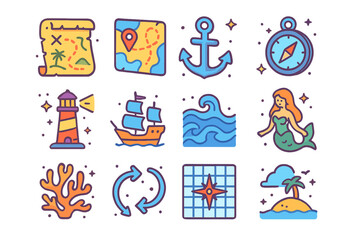 Fototapeta premium Nautical Isometric Icons. Colorful isometric vector icons set of Nautical and sea maps: treasure map, ship route lines, anchor icon, deep-sea compass, ancient