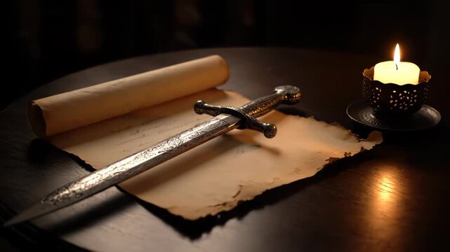 Illuminated Secrets Candlelit Scroll, Sword, and Ancient Parchment