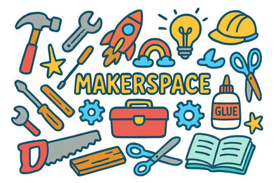 Children's Makerspace Fun. Colorful Hand-drawn doodle Children illustration Makerspace Fun [hammer, wrench, screwdriver, wood plank, gear, toolbox, saw, glue,