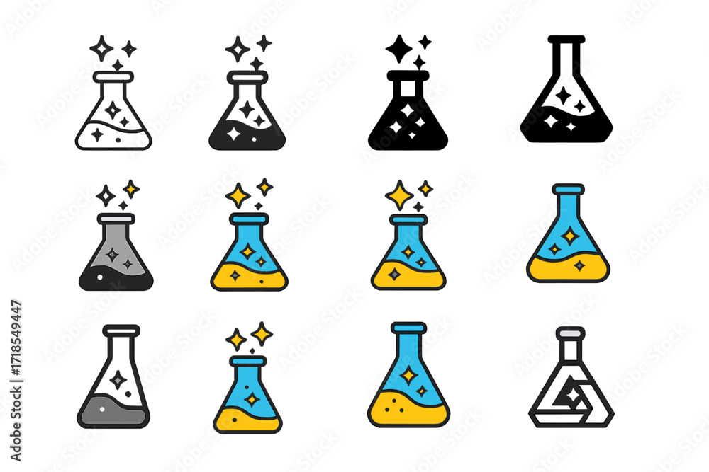 Poster magical flask logos. set logo of flasks: flask with stars and magical glow. logo set in vector style