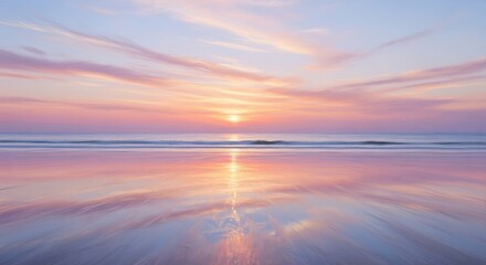 Pastel Sunset Reflection on Wet Sand Beach, Calm Ocean Waves and
