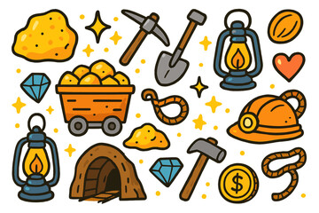 Obraz premium Colorful Gold Mine Icons. Gold mine. Colorful Hand-drawn doodle Children illustration gold nugget, cart, pickaxe, shovel, lantern, helmet, star, heart,