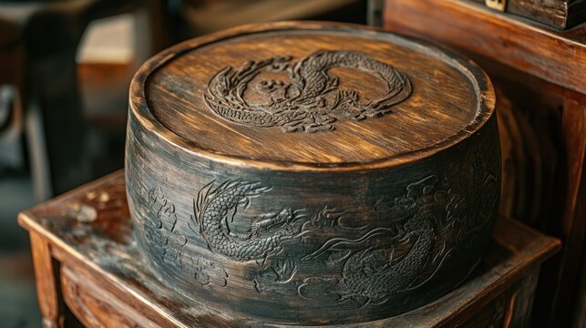 Detailed view of a handcrafted wooden container with intricate dragon carvings and textures