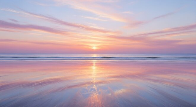 Pastel Sunset Reflection on Wet Sand Beach, Calm Ocean Waves and