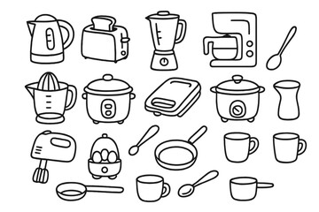 Kitchen Appliance Doodles. Hand-drawn doodle illustration Small kitchen appliances kettle, toaster, blender, coffee maker, juicer, rice cooker, sandwich maker,