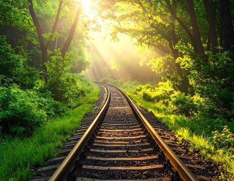Sunlit forest train tracks