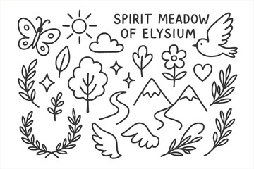Fototapeta premium Elysian Doodle Icons. Hand-drawn doodle illustration Spirit meadow of Elysium [butterfly, bird, tree, flower, leaf, sun, cloud, star, sparkle, heart, laurel
