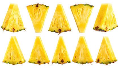 A symmetrical arrangement of twelve triangular pineapple slices.  Each slice reveals the yellow flesh and the intricate pattern of the pineapple's core