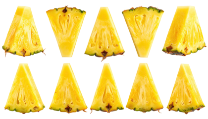 A symmetrical arrangement of twelve triangular pineapple slices. Each slice reveals the yellow flesh and the intricate pattern of the pineapple's core