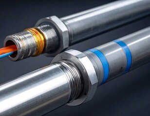 Close-up of metallic conduits with electrical wiring