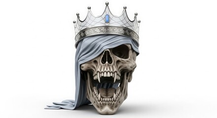 Skull wearing a crown and draped fabric