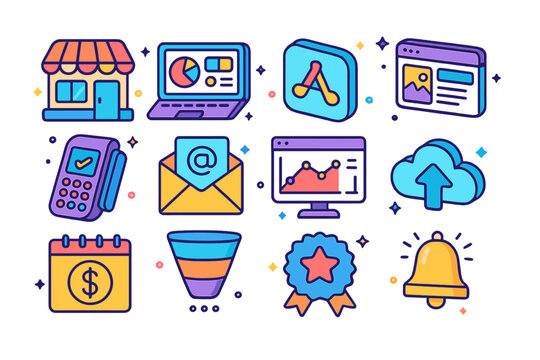 Digital Icon Collection. Colorful isometric vector icons set of digital entrepreneurship: ecommerce shop, laptop with dashboard, mobile app icon, website