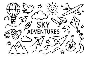 Sky Exploration Icons. Hand-drawn doodle illustration [Sky adventures] [hot air balloon, bird, cloud, sun, paper plane, parachute, glider, kite, stars,