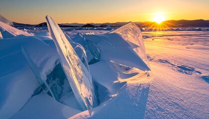 Frozen shards of ice at sunset