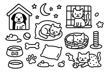 Cozy Pet Doodle. Hand-drawn doodle illustration pets in cozy spaces kennel, crate, basket bed, cushion, pillow, blanket, toy mouse, ball, chew bone, scratching