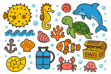 Fototapeta premium Marine Doodle Fun. Colorful Hand-drawn doodle Children illustration Marine life fun pufferfish, sea horse, dolphin, turtle, coral, sea snail, anchor,