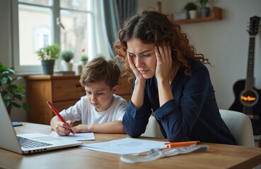 Mother stressed working from home with son during quarantine. Woman juggles job tasks on laptop while child does homework. Frustrated parent and kid at desk in noisy house office environment.