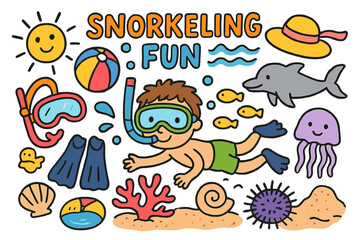 Snorkeling Adventure Doodle. Colorful Hand-drawn doodle Children illustration Snorkeling fun snorkel, flippers, mask, beach ball, coral, sea urchin, jellyfish,