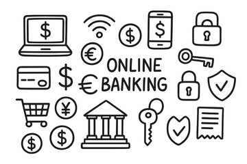Fototapeta premium Online Banking Icons. Hand-drawn doodle illustration Online banking payments [laptop, smartphone, wifi symbol, credit card, dollar sign, euro sign, yen sign,