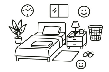 Minimalist Bedroom Doodle. Hand-drawn doodle illustration [Minimalist tidy bed] [single pillow, flat sheet, tidy corner, headboard, folded blanket, plant pot,