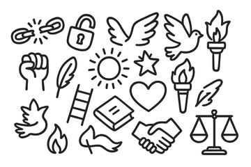 Icons of Liberation. Hand-drawn doodle illustration Freedom from oppression broken chains, open lock, dove, wings, star, torch, fist, sun, feather, ladder,