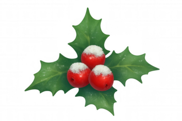 Christmas holly branch with red berries and snow on transparent background for festive winter seasonal designs