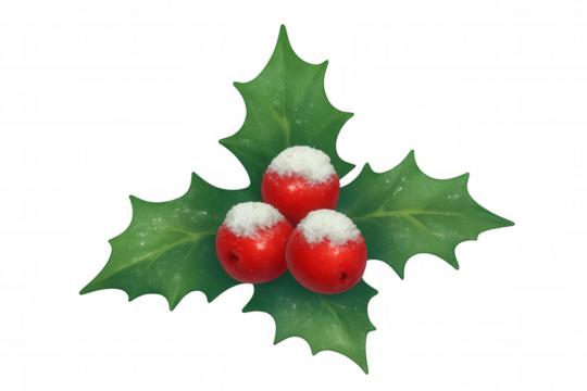Christmas holly branch with red berries and snow on transparent background for festive winter seasonal designs