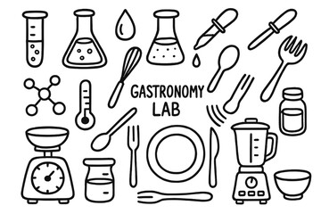 Gastronomy Lab Doodle. Hand-drawn doodle illustration Gastronomy lab test tube, flask, beaker, droplet, pipette, whisk, spoon, fork, plate, thermometer,