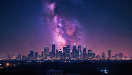Austin skyline silhouette at night under vibrant purple and blue Milky Way galaxy. City lights twinkle below dark trees. American cityscape against cosmic backdrop.