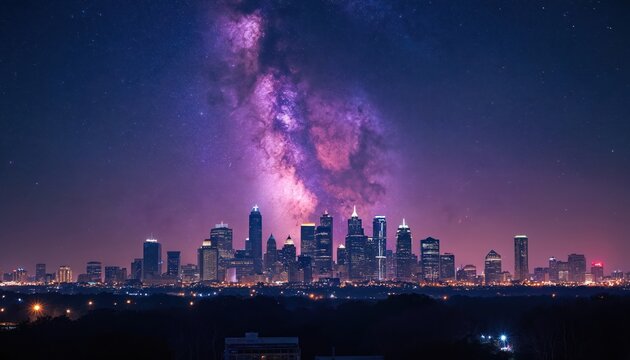 Austin skyline silhouette at night under vibrant purple and blue Milky Way galaxy. City lights twinkle below dark trees. American cityscape against cosmic backdrop.