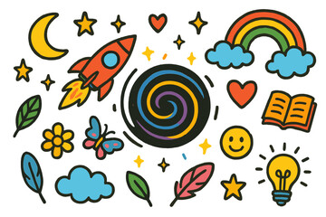 Whimsical Voyage into Cosmos. Colorful Hand-drawn doodle Children illustration Into the Void black hole, rocket, spiral, rainbow, moon, stars, heart, cloud,