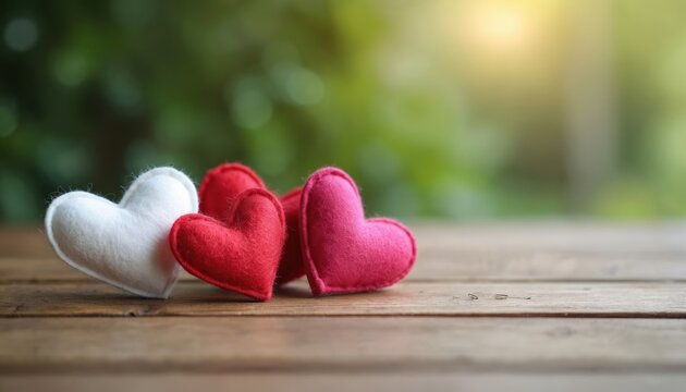 Three felt hearts, white, red, pink, arranged on rustic wooden table. Soft, pastel colors create cute, romantic atmosphere. Ideal for Valentine Day cards, wedding invitations, love-themed decorations.