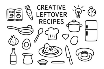 Creative Recipe Doodles. Hand-drawn doodle illustration Creative leftover recipes [recipe book, carrot, pot, pan, egg, onion, spoon, chef hat, light bulb,
