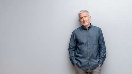 Obraz premium Confident Mature Man in Casual Denim Shirt Posing Against a Neutral Background
