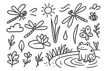 Dragonflies and Nature Elements. Hand-drawn doodle illustration Dragonflies in Nature dragonfly, lily pad, flower petal, grass blade, water drop, sun, cloud,