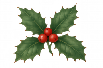 Traditional christmas holly branch with red berries and green leaves isolated on transparent background for festive design
