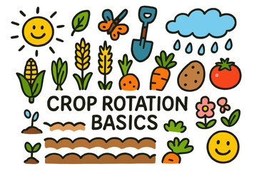 Crop Rotation Doodles. Colorful Hand-drawn doodle Children illustration Crop Rotation Basics [field rows, corn, wheat, carrot, potato, tomato, sun, cloud, rain