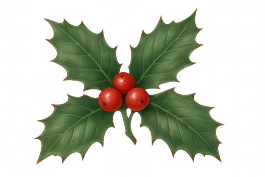 Traditional christmas holly branch with red berries and green leaves isolated on transparent background for festive design