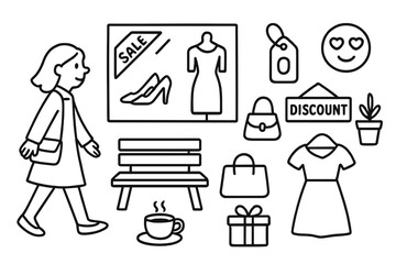 Window Shopping Icons. Hand-drawn doodle illustration window shopping people icon, store display, shoes in window, fashion poster, bench, cafe cup, price tag,